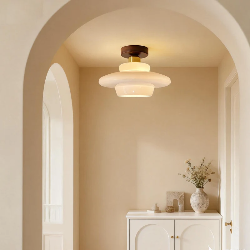 Plafondlamp Walnoot Hout Glas Scandinavisch E27 Hal Gang Keuken Eetkamer Nordic Naturel Koper | Sansoti
