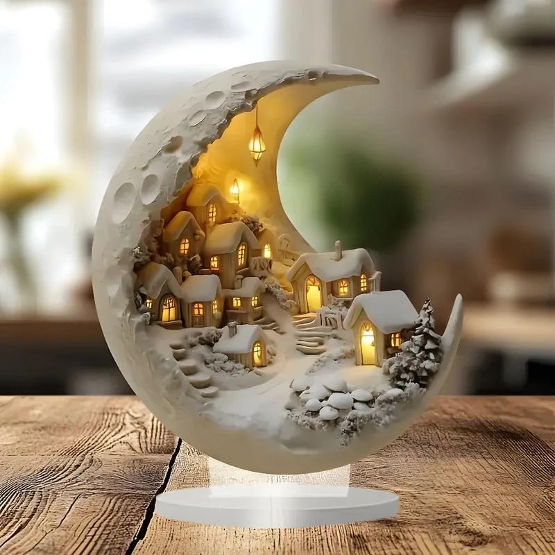 Dorpsscène Maanlicht Acryl Decoratief Object Transparant LED Sfeerverlichting Woonkamer Vensterbank 20x17cm | Sansoti