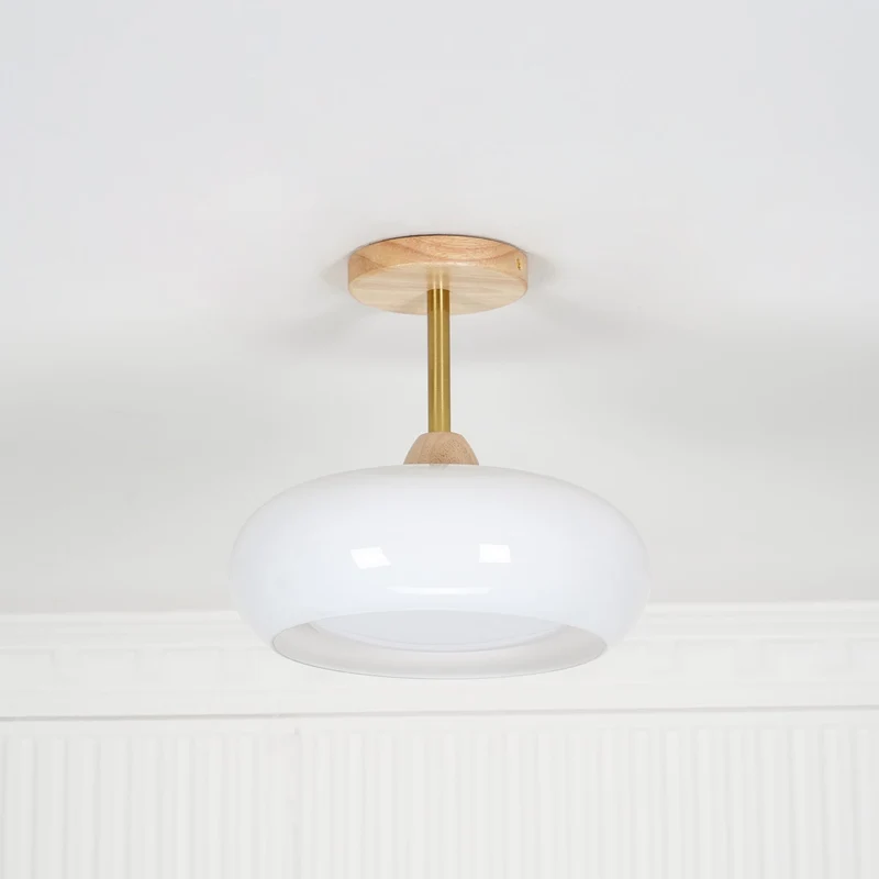 Vintage Bauhaus Plafondlamp met Glazen Schijf – Natuurlijk Houten Frame in Oranje of Wit – Ø28cm Verlichting voor Mid-Century Modern Interieur | Sansoti