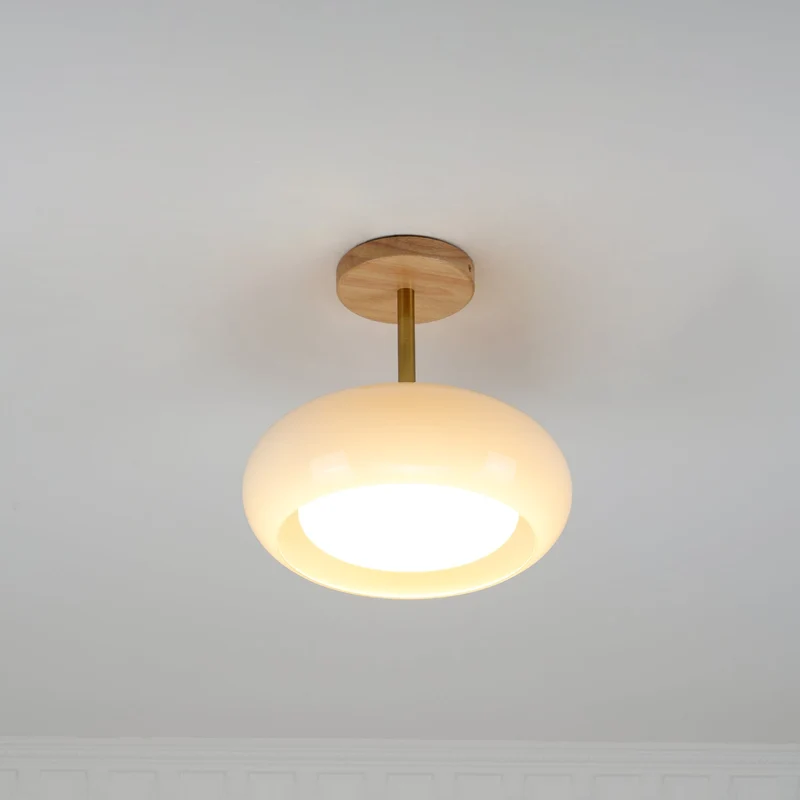 Vintage Bauhaus Plafondlamp met Glazen Schijf – Natuurlijk Houten Frame in Oranje of Wit – Ø28cm Verlichting voor Mid-Century Modern Interieur | Sansoti
