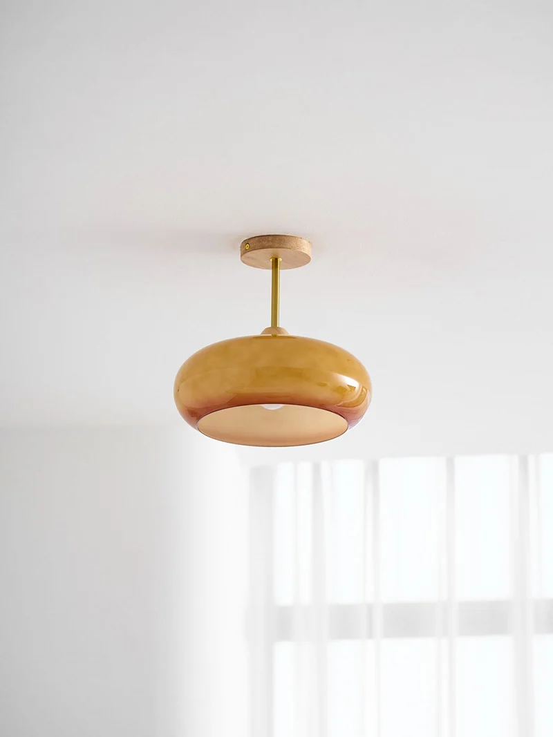 Vintage Bauhaus Plafondlamp met Glazen Schijf – Natuurlijk Houten Frame in Oranje of Wit – Ø28cm Verlichting voor Mid-Century Modern Interieur | Sansoti