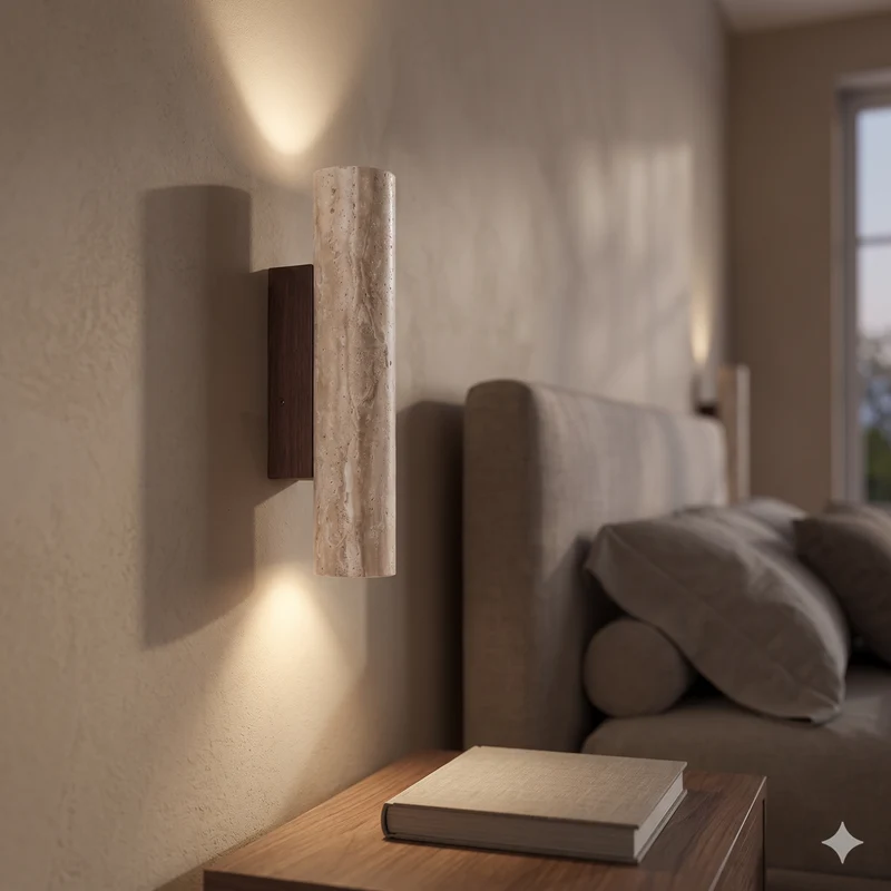 Wandlamp Slaapkamer LED Travertin Natuursteen 28-32 cm Warm Wit Up- en Downlight Bedlamp | Sansoti