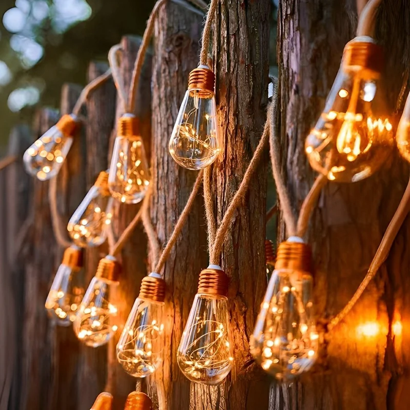 Zonne-energie Lichtsnoer Tuin 33ft LED Warm Wit Henneptouw Decoratief Buiten Terras Sfeerverlichting Waterdicht | Sansoti