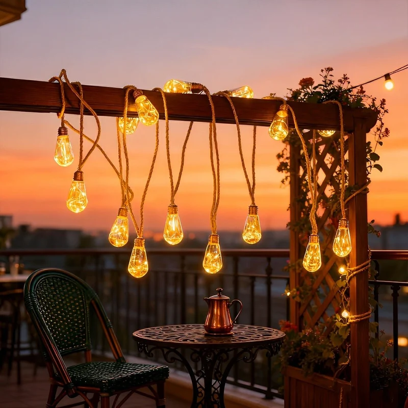 Zonne-energie Lichtsnoer Tuin 33ft LED Warm Wit Henneptouw Decoratief Buiten Terras Sfeerverlichting Waterdicht | Sansoti