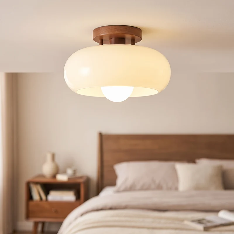 Houten Plafondlamp Rond Opaalglas 20-28 cm E27 Warm Wit Flush Mount Scandinavisch Design | Sansoti
