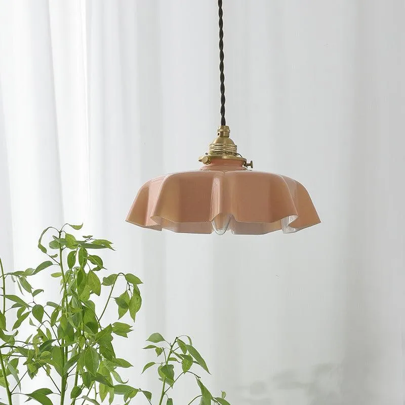 Geplooide Glazen Hanglamp met Messing Armatuur — Vintage Franse Stijl in Wit, Beige, Roze of Blauw — Verstelbare Kabel 150 cm | Sansoti