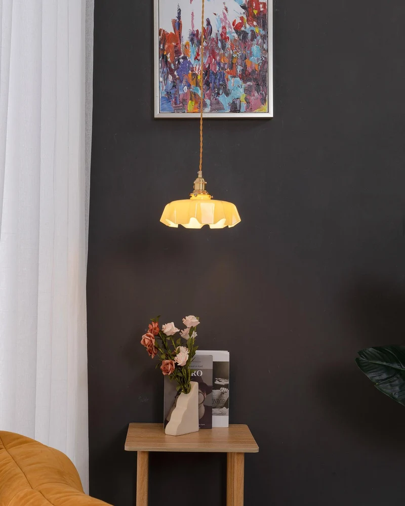 Geplooide Glazen Hanglamp met Messing Armatuur — Vintage Franse Stijl in Wit, Beige, Roze of Blauw — Verstelbare Kabel 150 cm | Sansoti