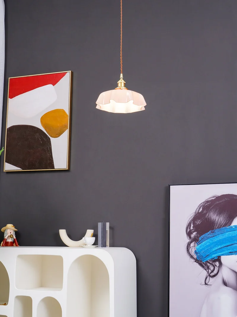 Geplooide Glazen Hanglamp met Messing Armatuur — Vintage Franse Stijl in Wit, Beige, Roze of Blauw — Verstelbare Kabel 150 cm | Sansoti