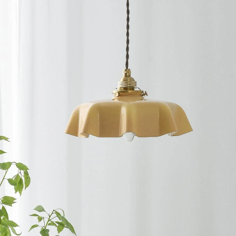 Geplooide Glazen Hanglamp met Messing Armatuur — Vintage Franse Stijl in Wit, Beige, Roze of Blauw — Verstelbare Kabel 150 cm | Sansoti