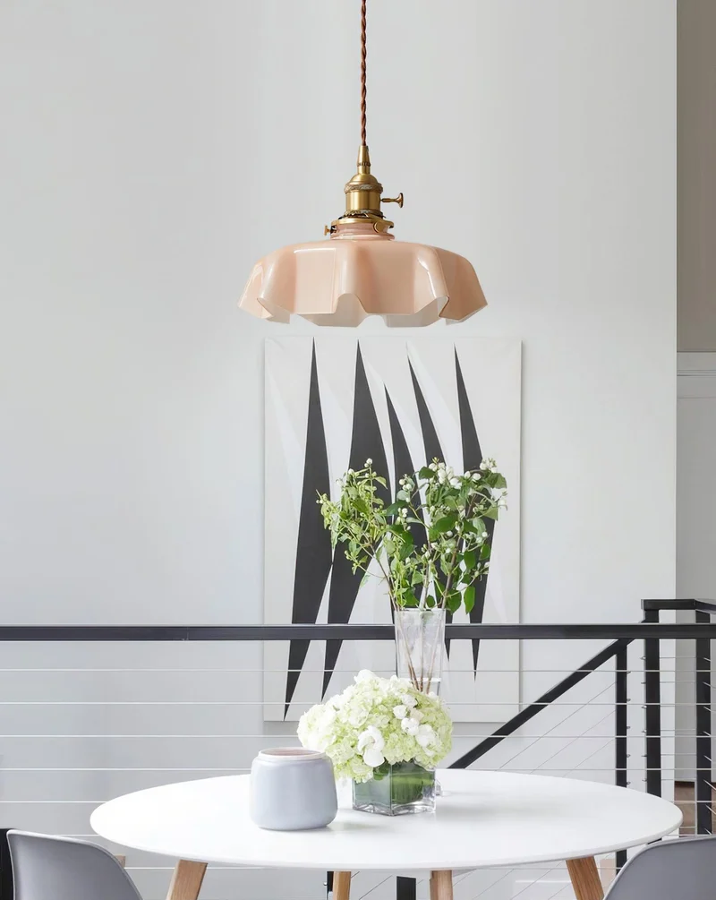 Geplooide Glazen Hanglamp met Messing Armatuur — Vintage Franse Stijl in Wit, Beige, Roze of Blauw — Verstelbare Kabel 150 cm | Sansoti