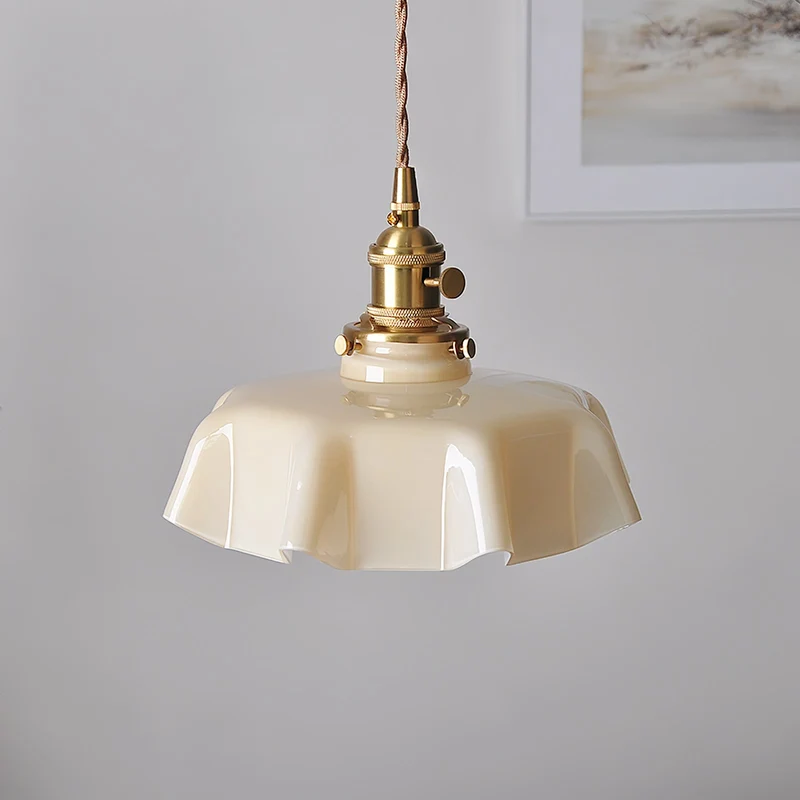 Geplooide Glazen Hanglamp met Messing Armatuur — Vintage Franse Stijl in Wit, Beige, Roze of Blauw — Verstelbare Kabel 150 cm | Sansoti