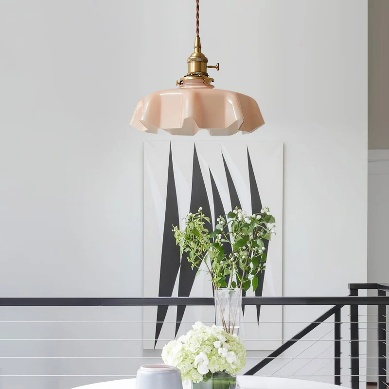 Geplooide Glazen Hanglamp met Messing Armatuur — Vintage Franse Stijl in Wit, Beige, Roze of Blauw — Verstelbare Kabel 150 cm | Sansoti