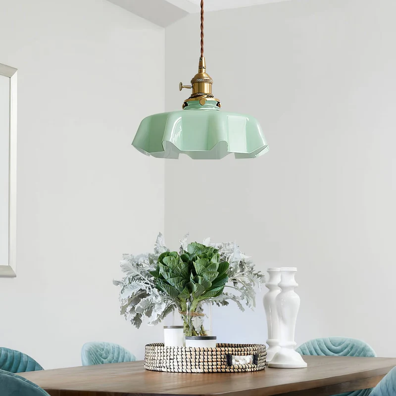 Geplooide Glazen Hanglamp met Messing Armatuur — Vintage Franse Stijl in Wit, Beige, Roze of Blauw — Verstelbare Kabel 150 cm | Sansoti