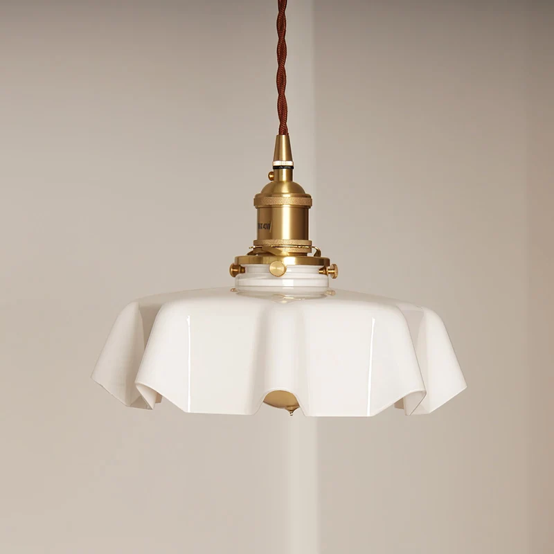 Geplooide Glazen Hanglamp met Messing Armatuur — Vintage Franse Stijl in Wit, Beige, Roze of Blauw — Verstelbare Kabel 150 cm | Sansoti