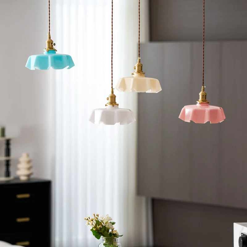 Geplooide Glazen Hanglamp met Messing Armatuur — Vintage Franse Stijl in Wit, Beige, Roze of Blauw — Verstelbare Kabel 150 cm | Sansoti