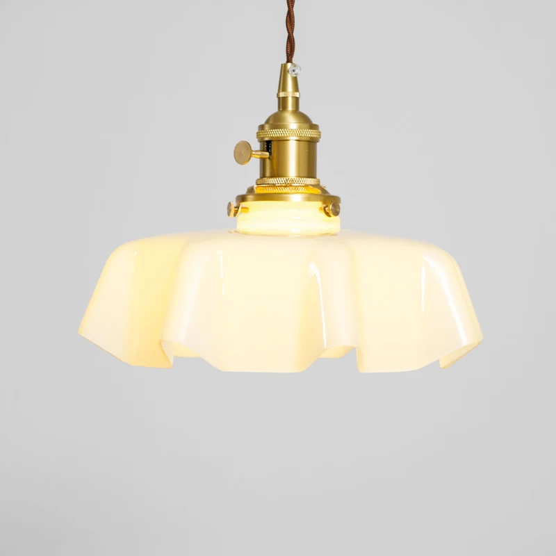 Geplooide Glazen Hanglamp met Messing Armatuur — Vintage Franse Stijl in Wit, Beige, Roze of Blauw — Verstelbare Kabel 150 cm | Sansoti