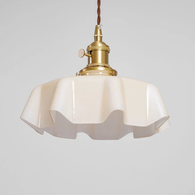 Geplooide Glazen Hanglamp met Messing Armatuur — Vintage Franse Stijl in Wit, Beige, Roze of Blauw — Verstelbare Kabel 150 cm | Sansoti