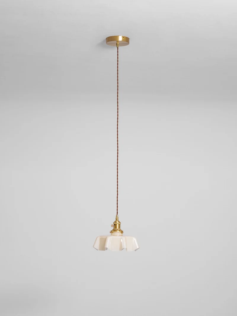 Geplooide Glazen Hanglamp met Messing Armatuur — Vintage Franse Stijl in Wit, Beige, Roze of Blauw — Verstelbare Kabel 150 cm | Sansoti