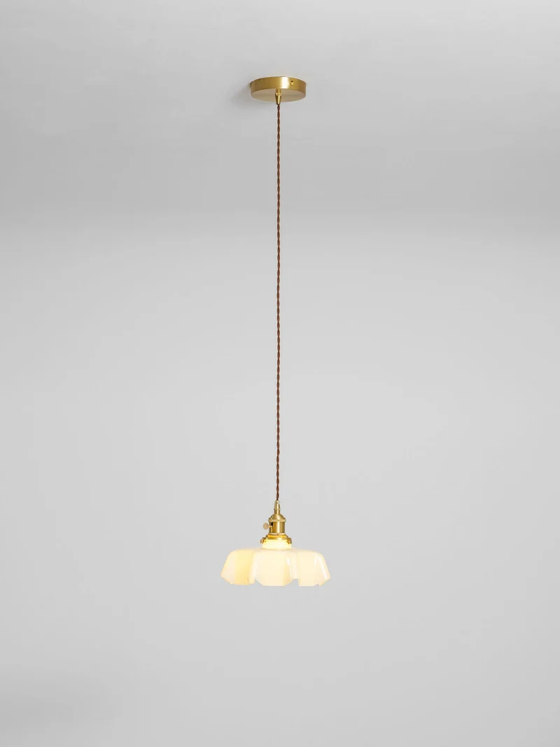 Geplooide Glazen Hanglamp met Messing Armatuur — Vintage Franse Stijl in Wit, Beige, Roze of Blauw — Verstelbare Kabel 150 cm | Sansoti