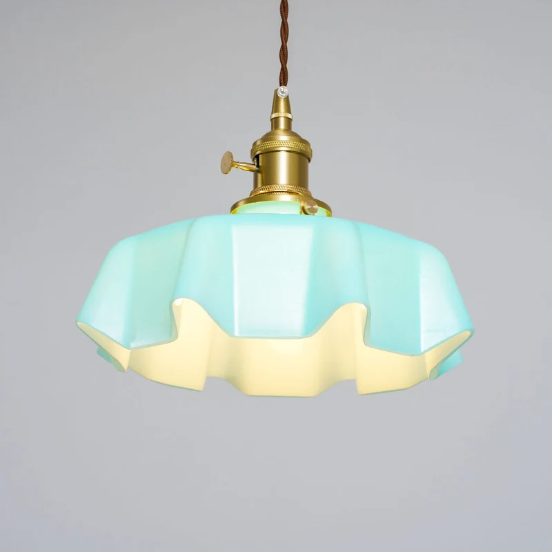 Geplooide Glazen Hanglamp met Messing Armatuur — Vintage Franse Stijl in Wit, Beige, Roze of Blauw — Verstelbare Kabel 150 cm | Sansoti
