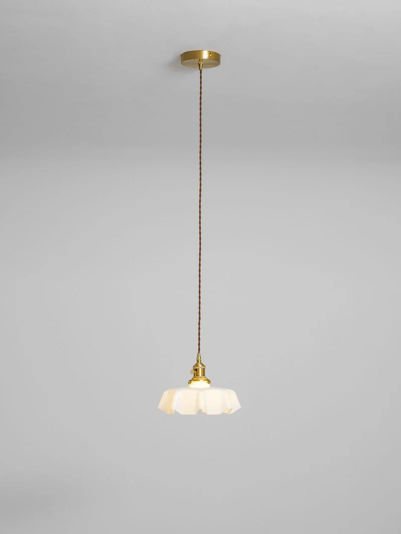 Geplooide Glazen Hanglamp met Messing Armatuur — Vintage Franse Stijl in Wit, Beige, Roze of Blauw — Verstelbare Kabel 150 cm | Sansoti