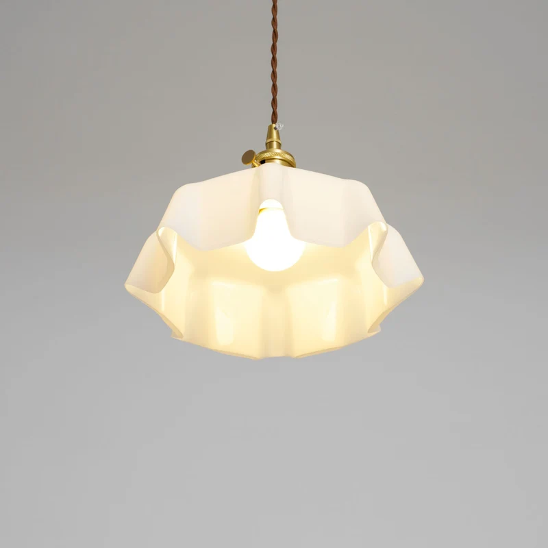 Geplooide Glazen Hanglamp met Messing Armatuur — Vintage Franse Stijl in Wit, Beige, Roze of Blauw — Verstelbare Kabel 150 cm | Sansoti