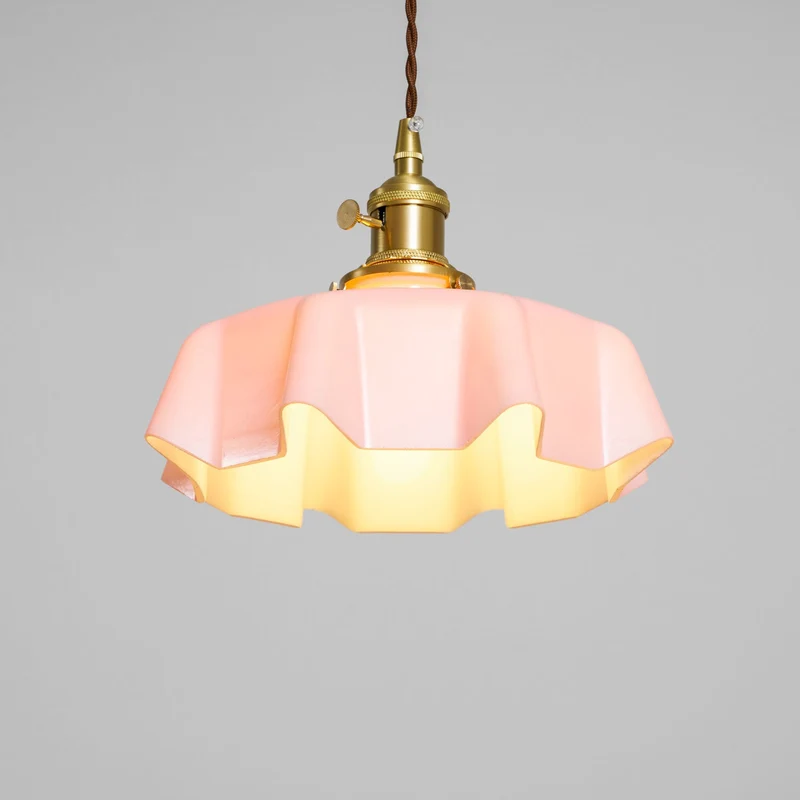 Geplooide Glazen Hanglamp met Messing Armatuur — Vintage Franse Stijl in Wit, Beige, Roze of Blauw — Verstelbare Kabel 150 cm | Sansoti
