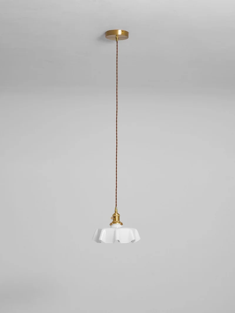 Geplooide Glazen Hanglamp met Messing Armatuur — Vintage Franse Stijl in Wit, Beige, Roze of Blauw — Verstelbare Kabel 150 cm | Sansoti