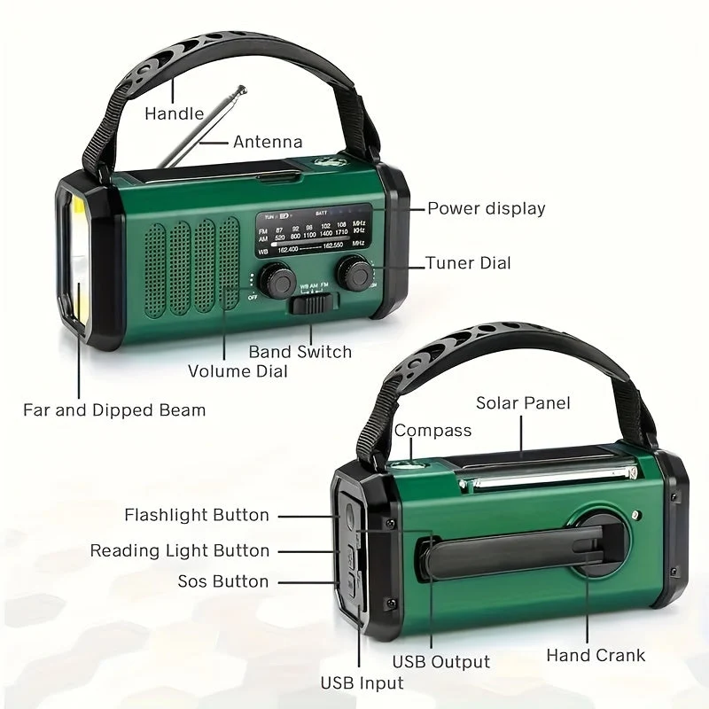 Noodradio met Zaklamp en Powerbank – Oplaadbaar via Zonne-energie, Handslinger en USB | Sansoti