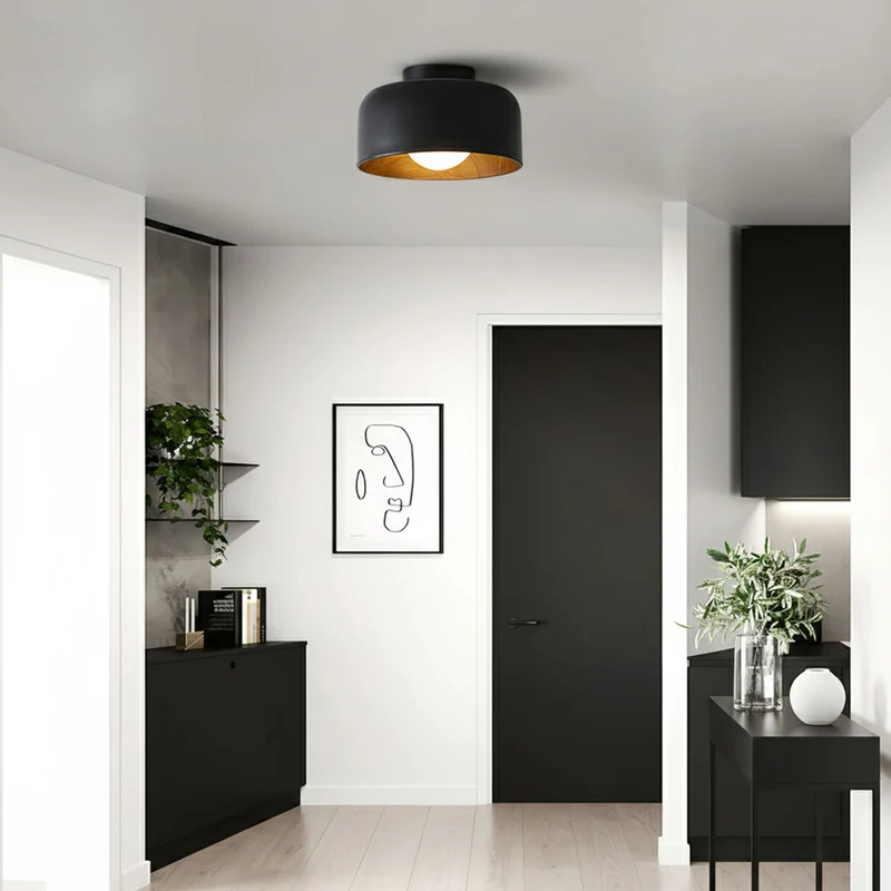 Ronde Plafondlamp met Houtnerf Interieur Glazen Bol ∅22 cm voor Hal Keuken Slaapkamer Wandmontage G9 Fitting | Sansoti
