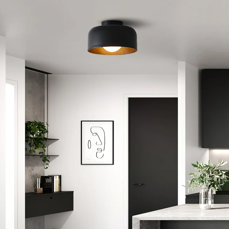 Ronde Plafondlamp met Houtnerf Interieur Glazen Bol ∅22 cm voor Hal Keuken Slaapkamer Wandmontage G9 Fitting | Sansoti