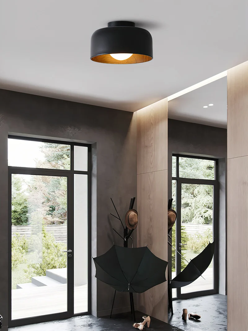 Ronde Plafondlamp met Houtnerf Interieur Glazen Bol ∅22 cm voor Hal Keuken Slaapkamer Wandmontage G9 Fitting | Sansoti
