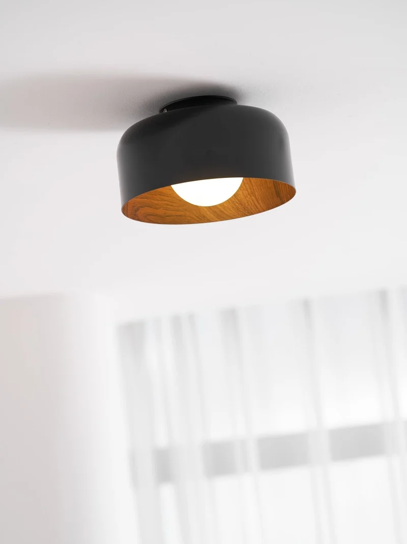 Ronde Plafondlamp met Houtnerf Interieur Glazen Bol ∅22 cm voor Hal Keuken Slaapkamer Wandmontage G9 Fitting | Sansoti