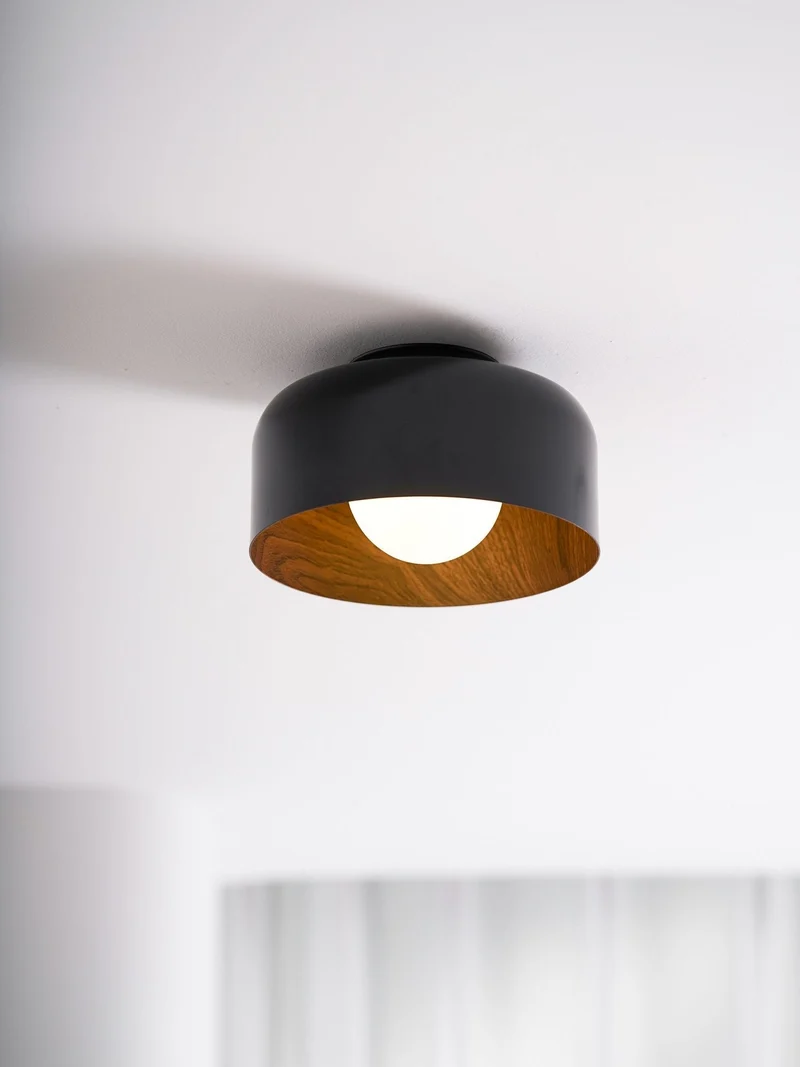Ronde Plafondlamp met Houtnerf Interieur Glazen Bol ∅22 cm voor Hal Keuken Slaapkamer Wandmontage G9 Fitting | Sansoti
