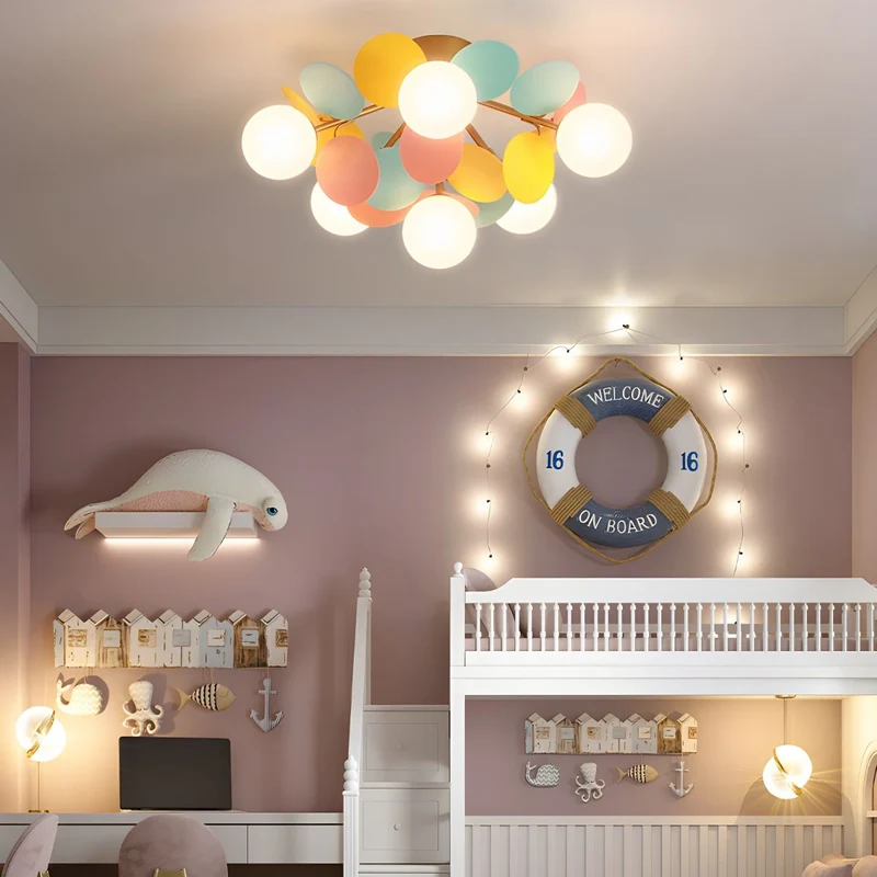 Ronde Plafondlamp met Acryl Bladeren – Macaron Pastelkleuren – 1, 4, 6 of 8 Lichtpunten – G9 Fitting – Scandinavisch Design voor Kinderkamer, Woonkamer en Kantoor | Sansoti