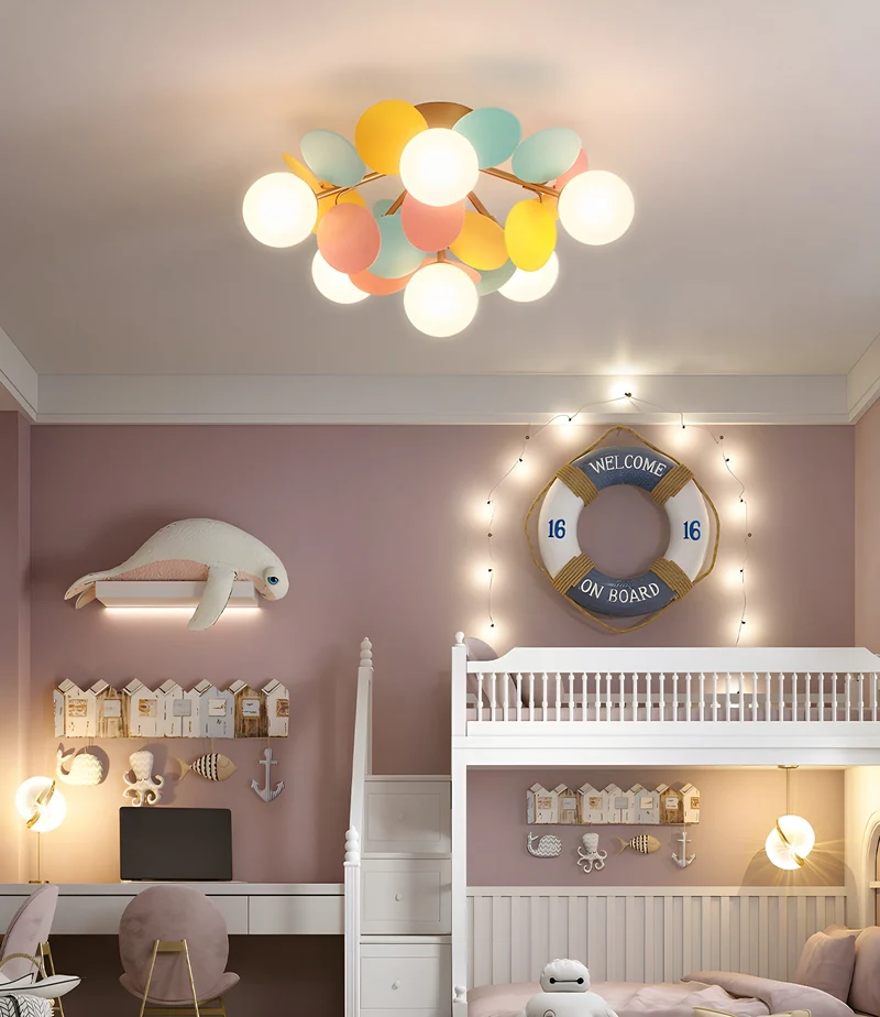 Ronde Plafondlamp met Acryl Bladeren – Macaron Pastelkleuren – 1, 4, 6 of 8 Lichtpunten – G9 Fitting – Scandinavisch Design voor Kinderkamer, Woonkamer en Kantoor | Sansoti
