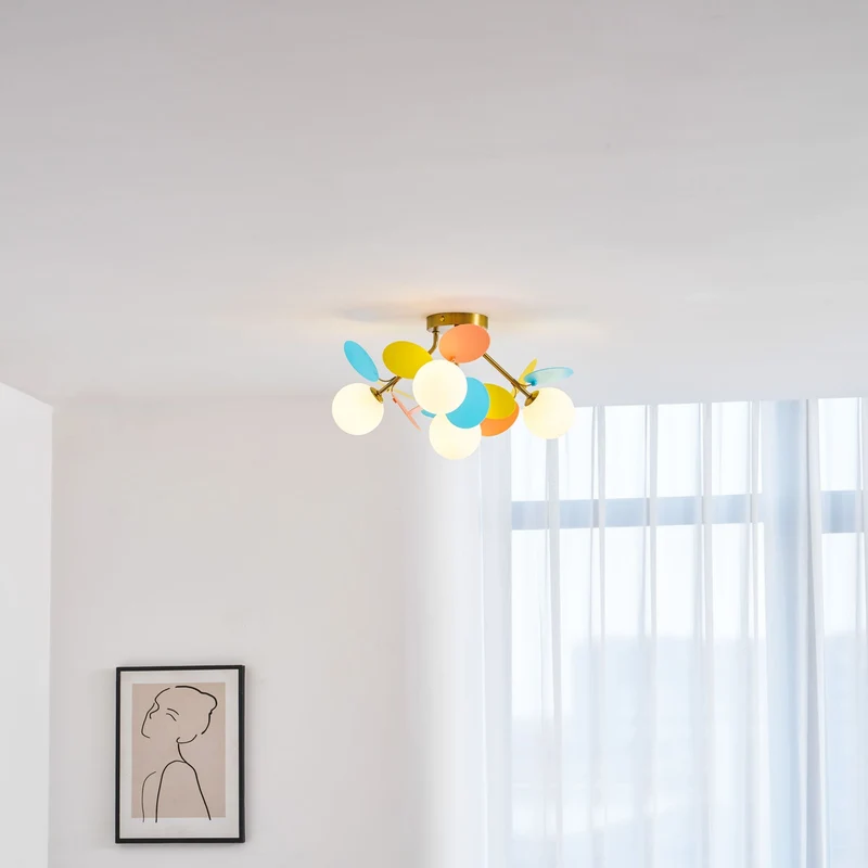 Ronde Plafondlamp met Acryl Bladeren – Macaron Pastelkleuren – 1, 4, 6 of 8 Lichtpunten – G9 Fitting – Scandinavisch Design voor Kinderkamer, Woonkamer en Kantoor | Sansoti