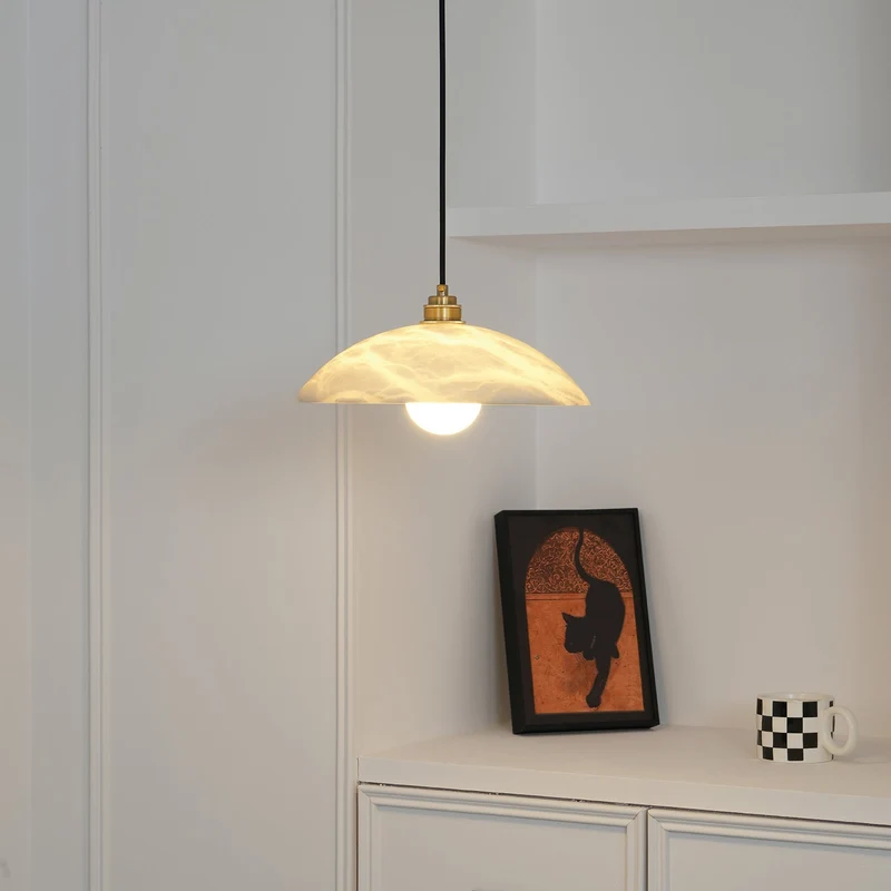 Koepelvormige Hanglamp Albast met Koperen Fitting – Ø30cm & Ø40cm – Natuursteen – Warme Uitstraling Eetkamer Keuken Woonkamer | Sansoti