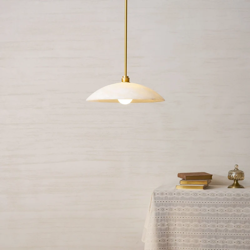 Koepelvormige Hanglamp Albast met Koperen Fitting – Ø30cm & Ø40cm – Natuursteen – Warme Uitstraling Eetkamer Keuken Woonkamer | Sansoti