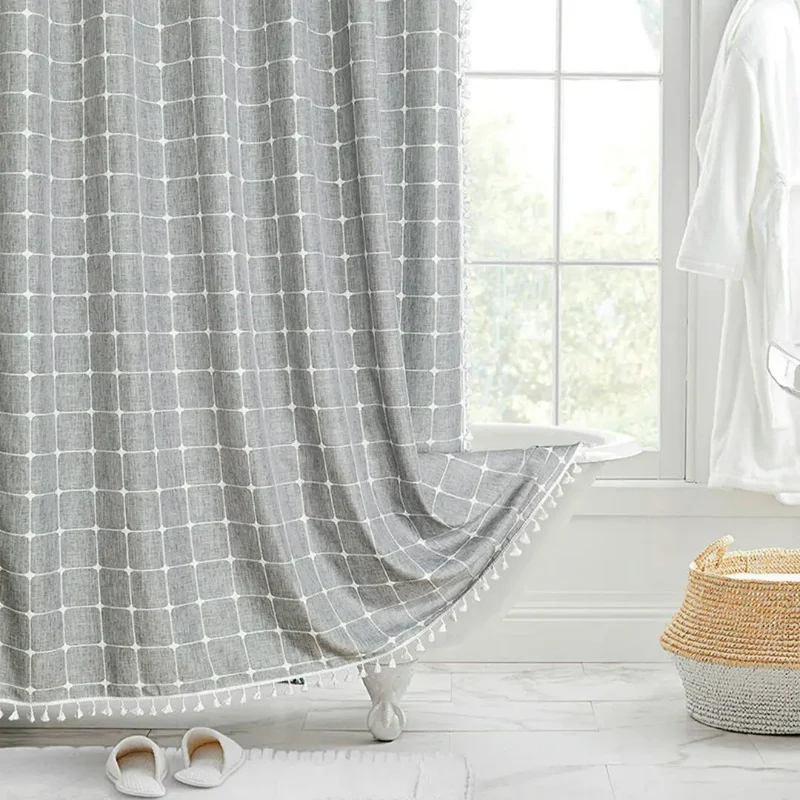 Linnen Douchegordijn met Kwastjes Waterdicht Jacquard Boho Stijl Badkamerdecoratie Modern Bohemian Design | Sansoti