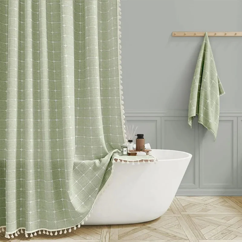 Linnen Douchegordijn met Kwastjes Waterdicht Jacquard Boho Stijl Badkamerdecoratie Modern Bohemian Design | Sansoti