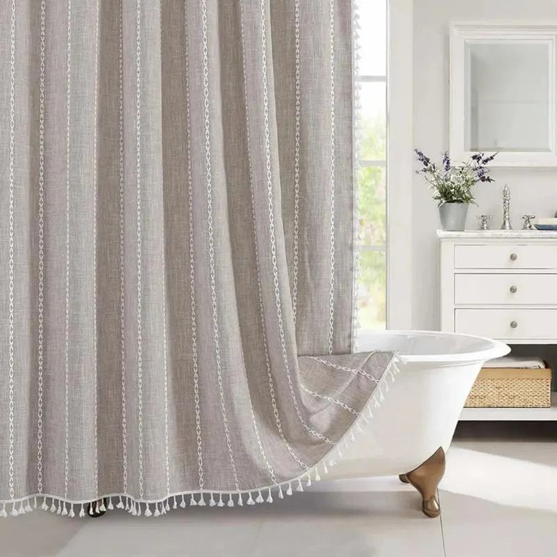 Linnen Douchegordijn met Kwastjes Waterdicht Jacquard Boho Stijl Badkamerdecoratie Modern Bohemian Design | Sansoti