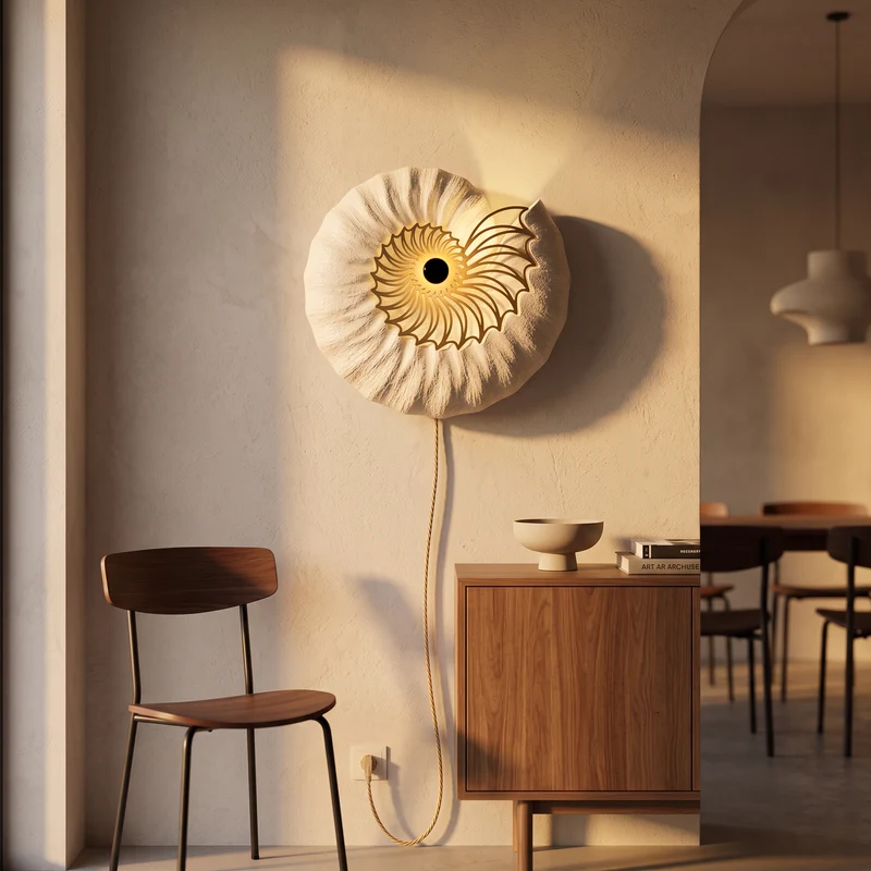 Ronde Wandlamp 50 cm Goud Keramiek Handgemaakt LED Drukknop Snoer 150 cm | Sansoti