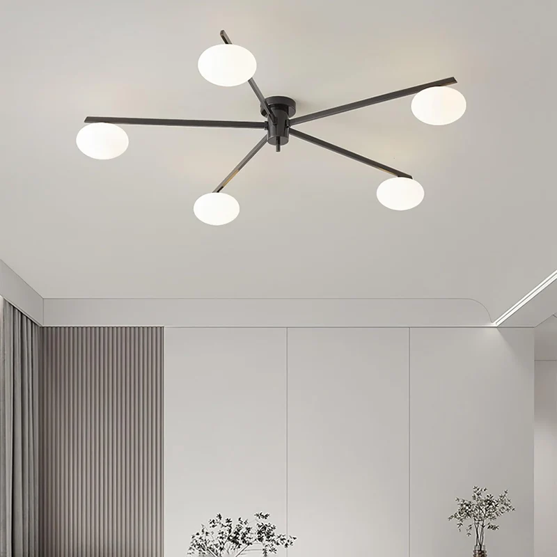 Plafondlamp met Ovale Glasbolletjes en Slanke Armen – Modern Laagprofieldesign voor Lage Plafonds in Zwart of Messing – G9 Fitting – 3-Kops, 5-Kops en 6-Kops Configuratie | Sansoti