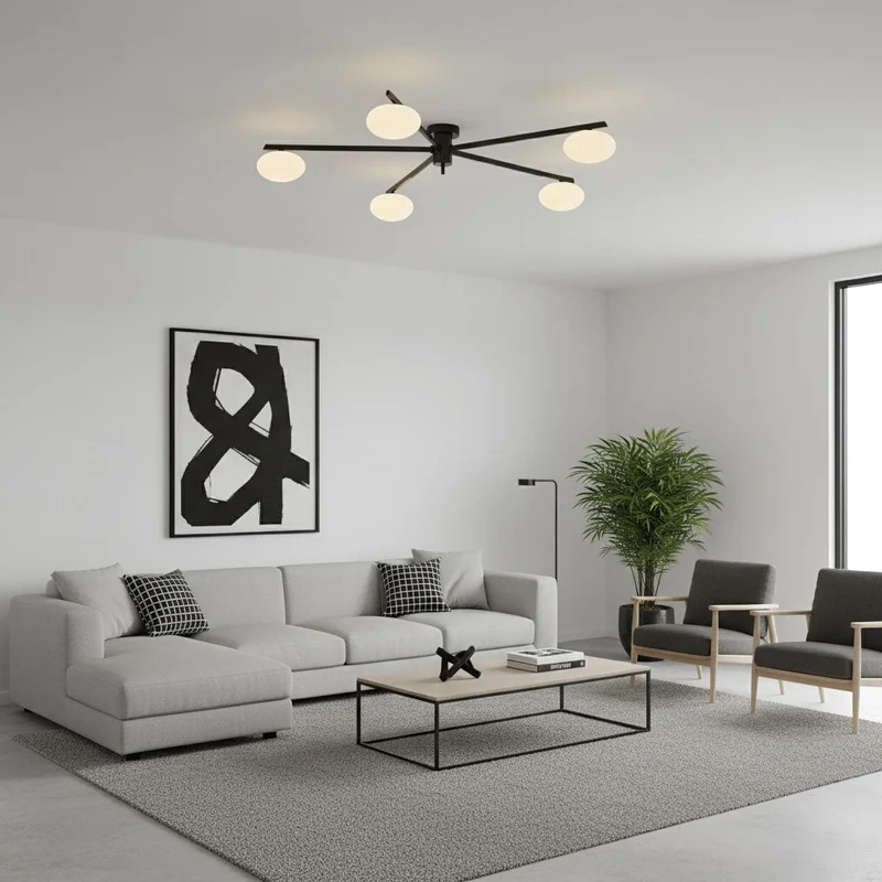 Plafondlamp met Ovale Glasbolletjes en Slanke Armen – Modern Laagprofieldesign voor Lage Plafonds in Zwart of Messing – G9 Fitting – 3-Kops, 5-Kops en 6-Kops Configuratie | Sansoti
