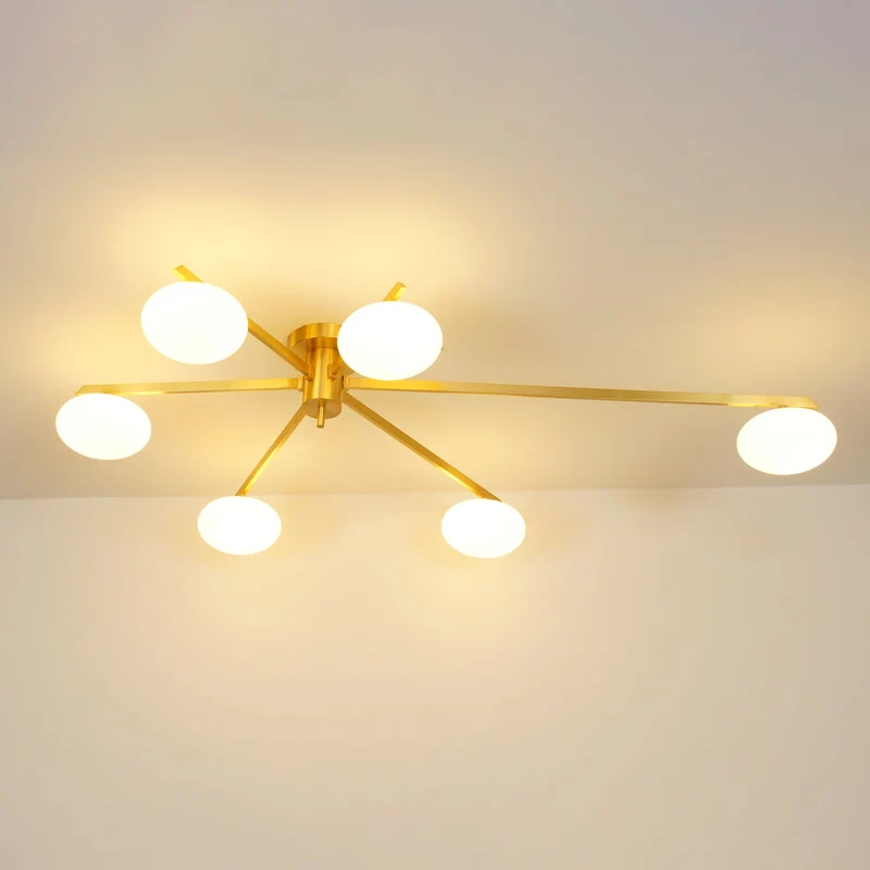Plafondlamp met Ovale Glasbolletjes en Slanke Armen – Modern Laagprofieldesign voor Lage Plafonds in Zwart of Messing – G9 Fitting – 3-Kops, 5-Kops en 6-Kops Configuratie | Sansoti