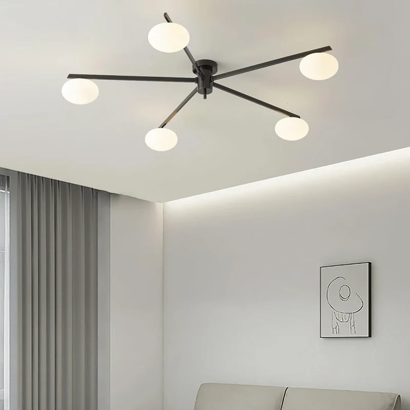Plafondlamp met Ovale Glasbolletjes en Slanke Armen – Modern Laagprofieldesign voor Lage Plafonds in Zwart of Messing – G9 Fitting – 3-Kops, 5-Kops en 6-Kops Configuratie | Sansoti