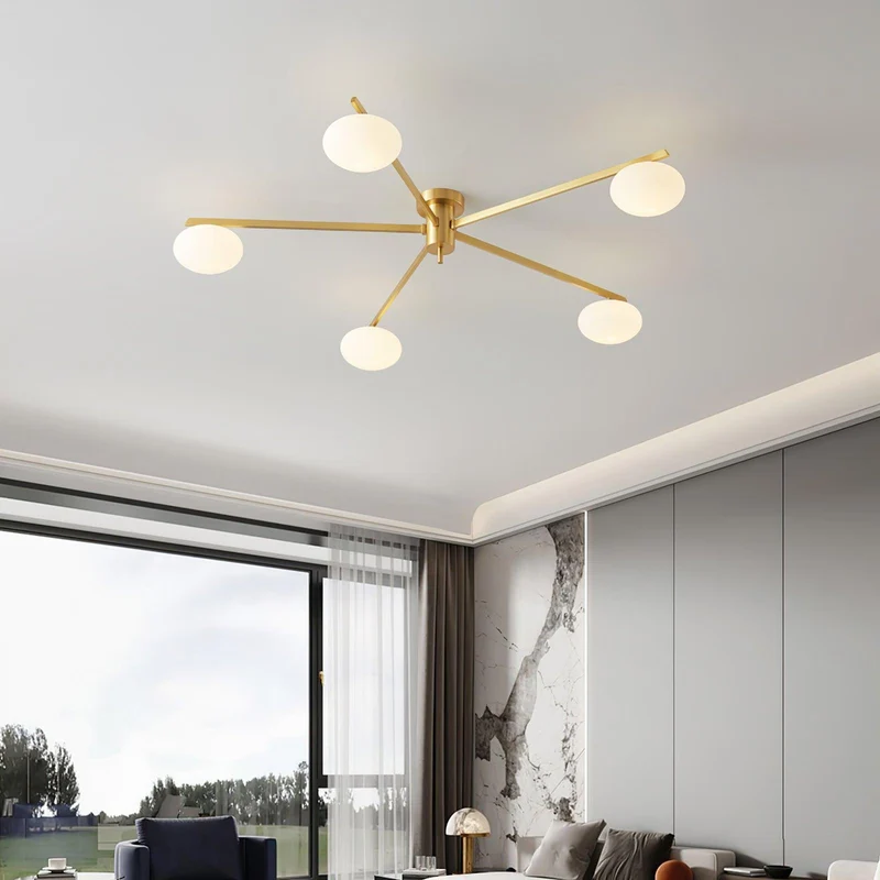 Plafondlamp met Ovale Glasbolletjes en Slanke Armen – Modern Laagprofieldesign voor Lage Plafonds in Zwart of Messing – G9 Fitting – 3-Kops, 5-Kops en 6-Kops Configuratie | Sansoti