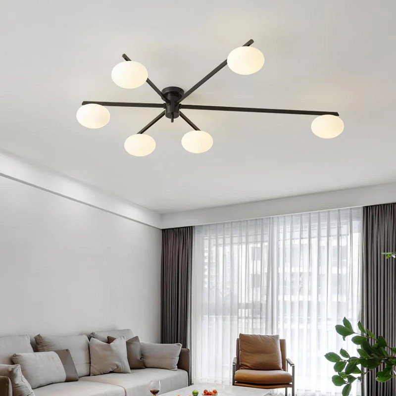 Plafondlamp met Ovale Glasbolletjes en Slanke Armen – Modern Laagprofieldesign voor Lage Plafonds in Zwart of Messing – G9 Fitting – 3-Kops, 5-Kops en 6-Kops Configuratie | Sansoti