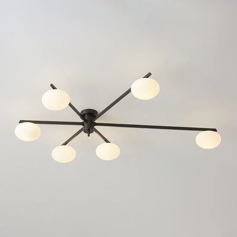Plafondlamp met Ovale Glasbolletjes en Slanke Armen – Modern Laagprofieldesign voor Lage Plafonds in Zwart of Messing – G9 Fitting – 3-Kops, 5-Kops en 6-Kops Configuratie | Sansoti